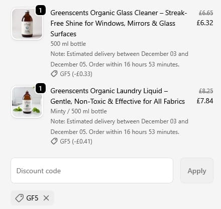 Screenshot of the Greenscents discount code working