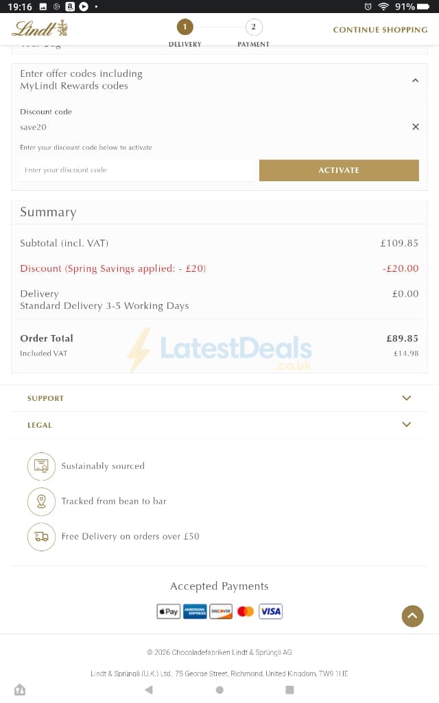 Screenshot of the Lindt discount code working