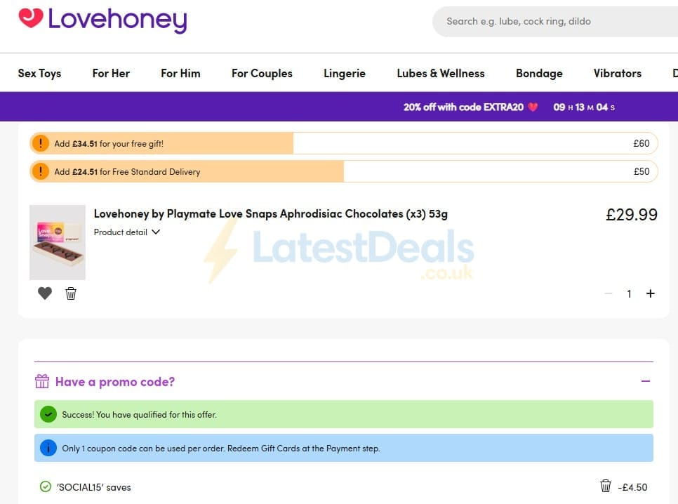 Screenshot of the Lovehoney discount code working