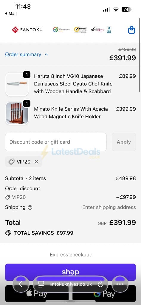 Screenshot of the Santoku Knives discount code working