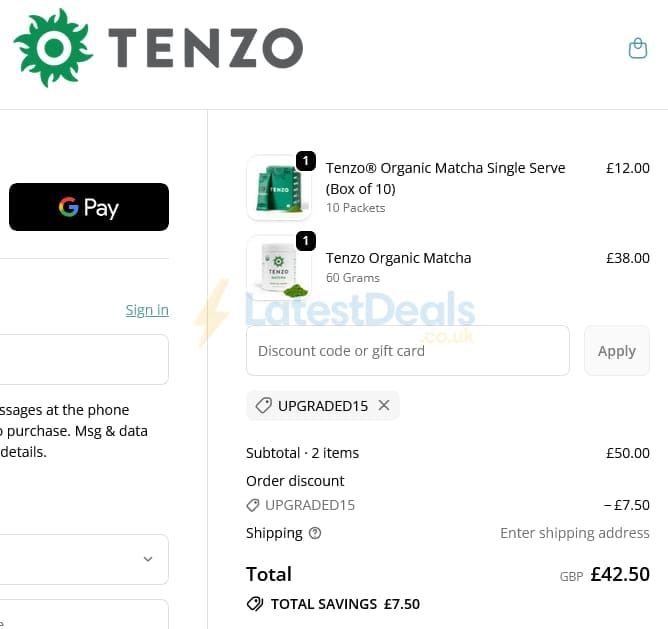 Screenshot of the Tenzo Tea discount code working