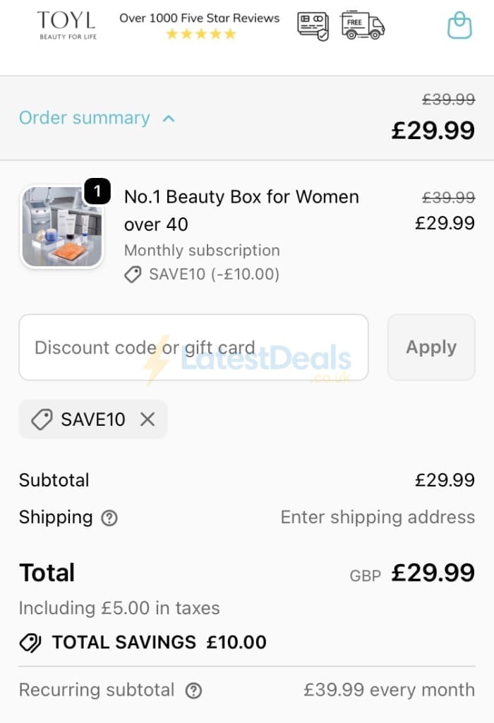 Screenshot of the Toyl discount code working