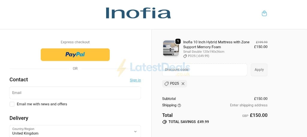 Screenshot of the Inofia UK discount code working