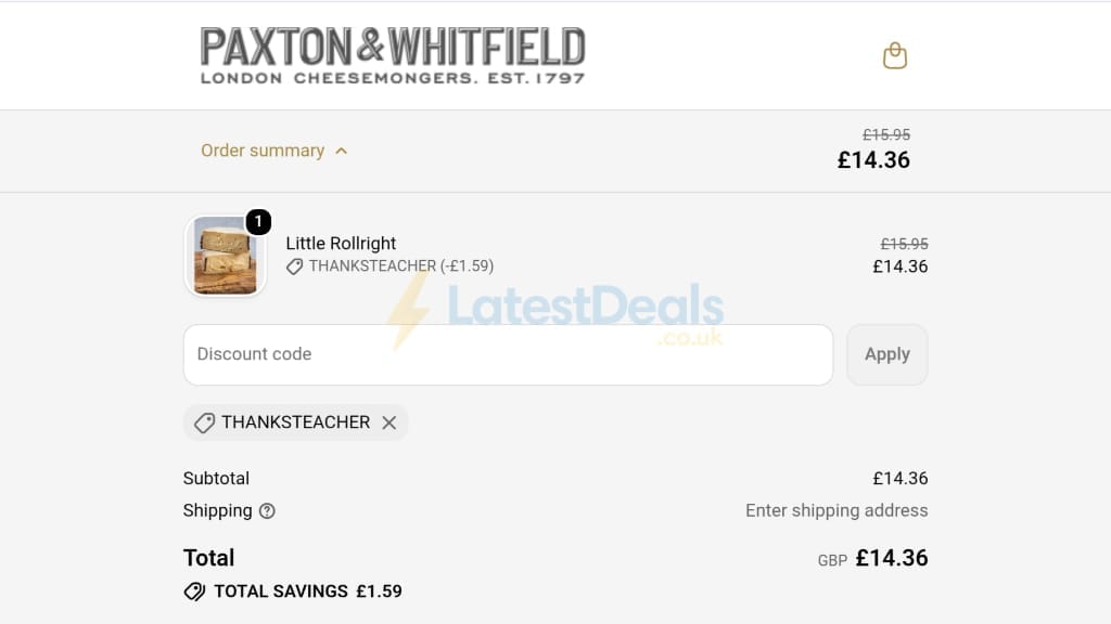 Screenshot of the Paxton & Whitfield discount code working