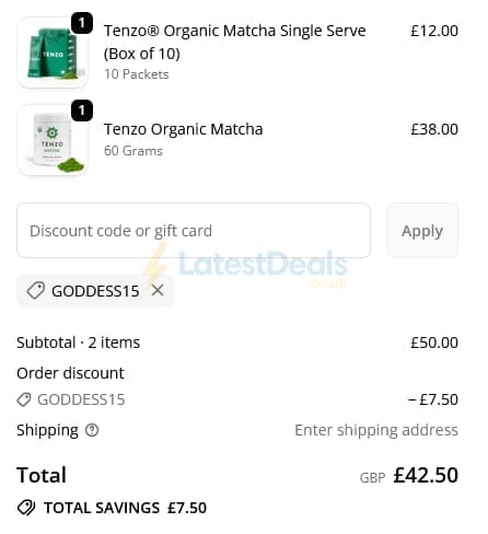 Screenshot of the Tenzo Tea discount code working