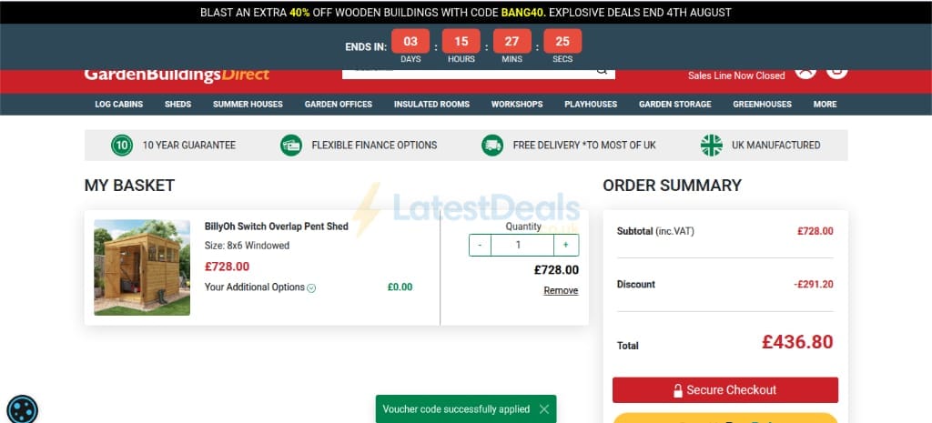 Screenshot of the Garden Buildings Direct discount code working