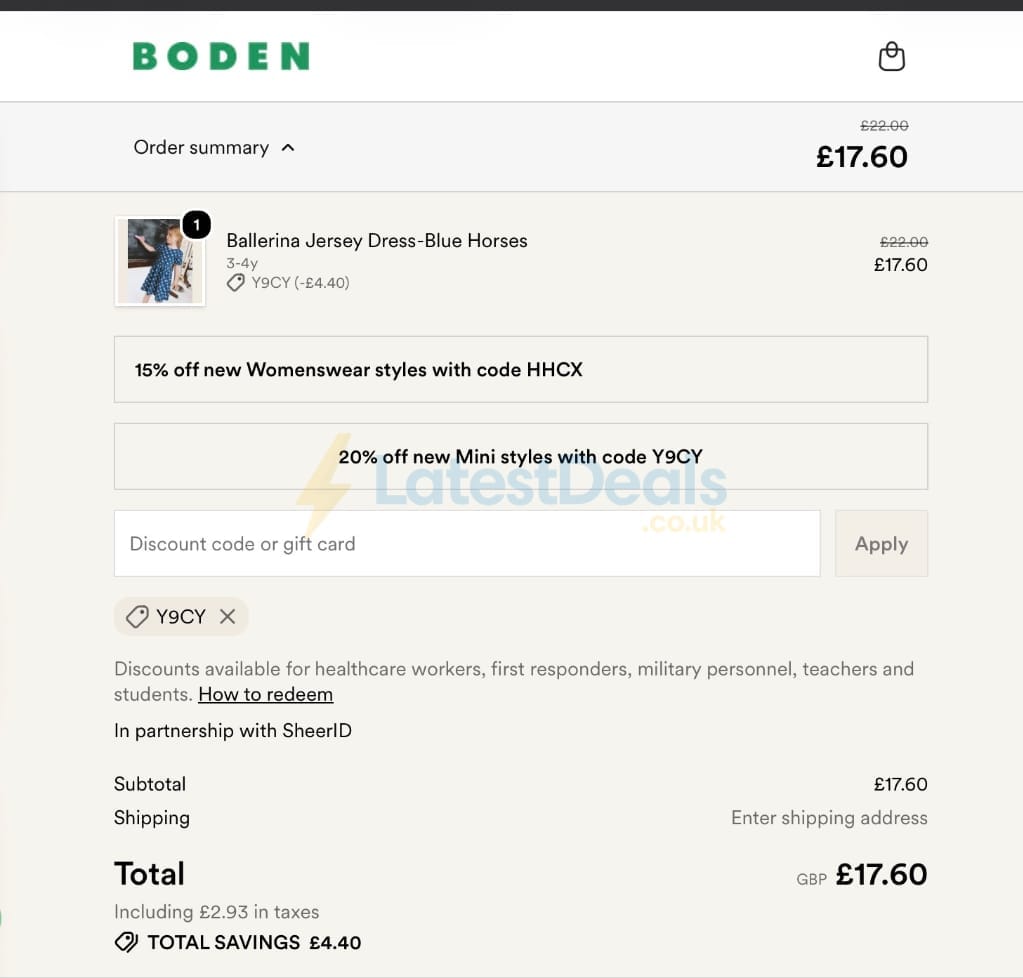 Screenshot of the BODEN discount code working