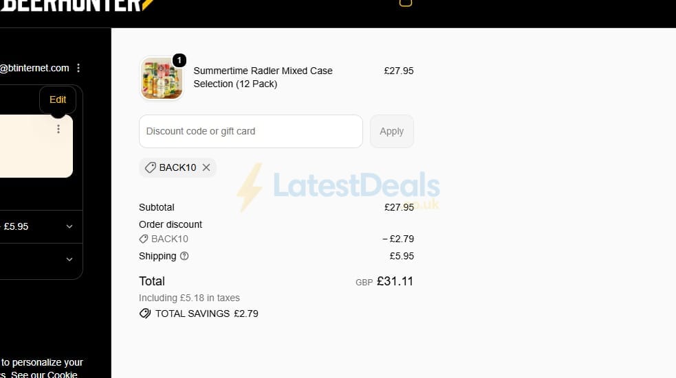 Screenshot of the Beerhunter discount code working