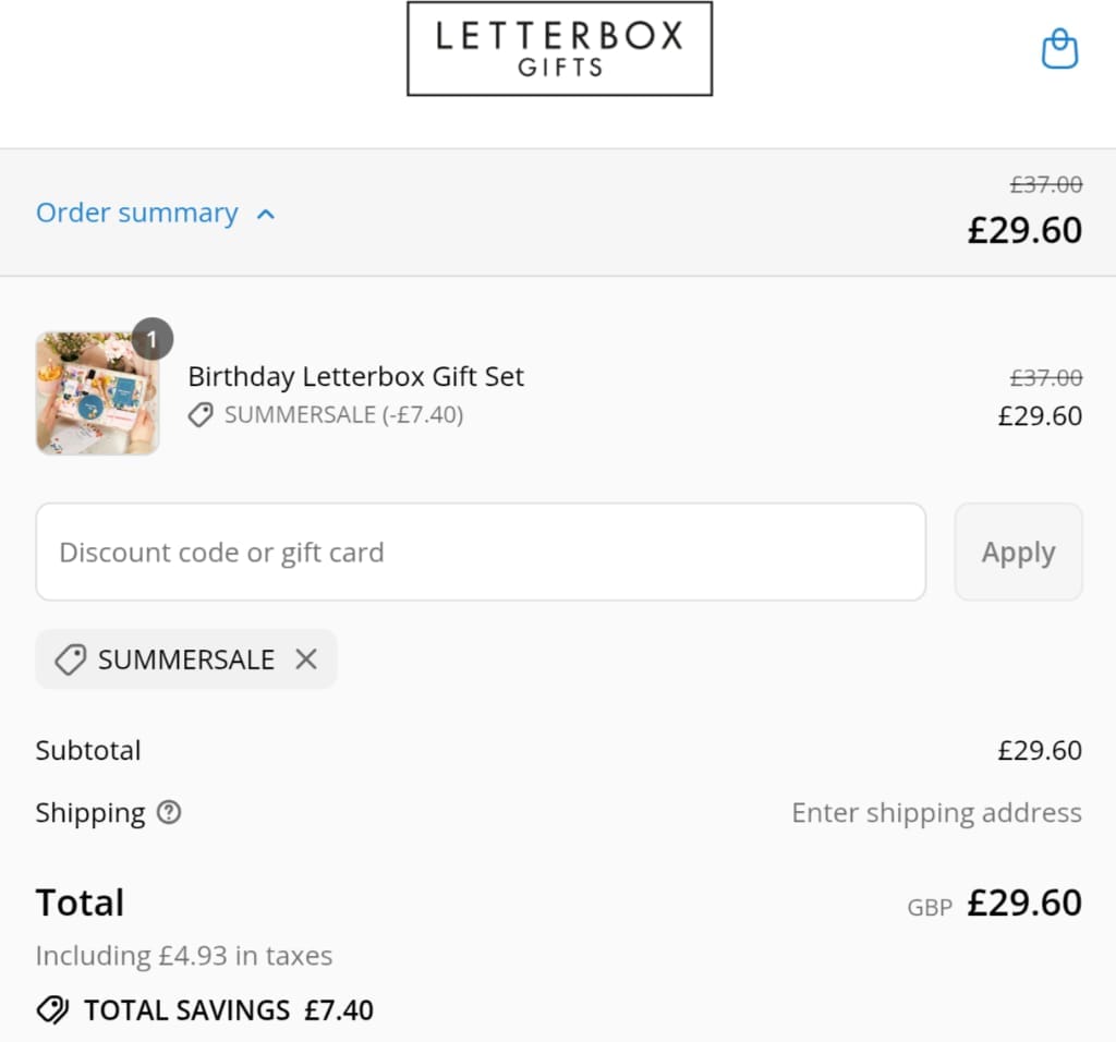 Screenshot of the Letterbox Gifts discount code working