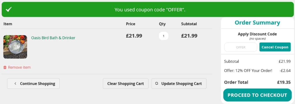 Screenshot of the Love Garden Birds discount code working