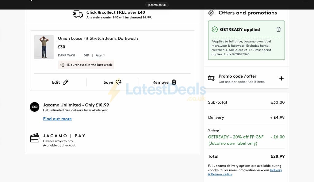 Screenshot of the Jacamo discount code working