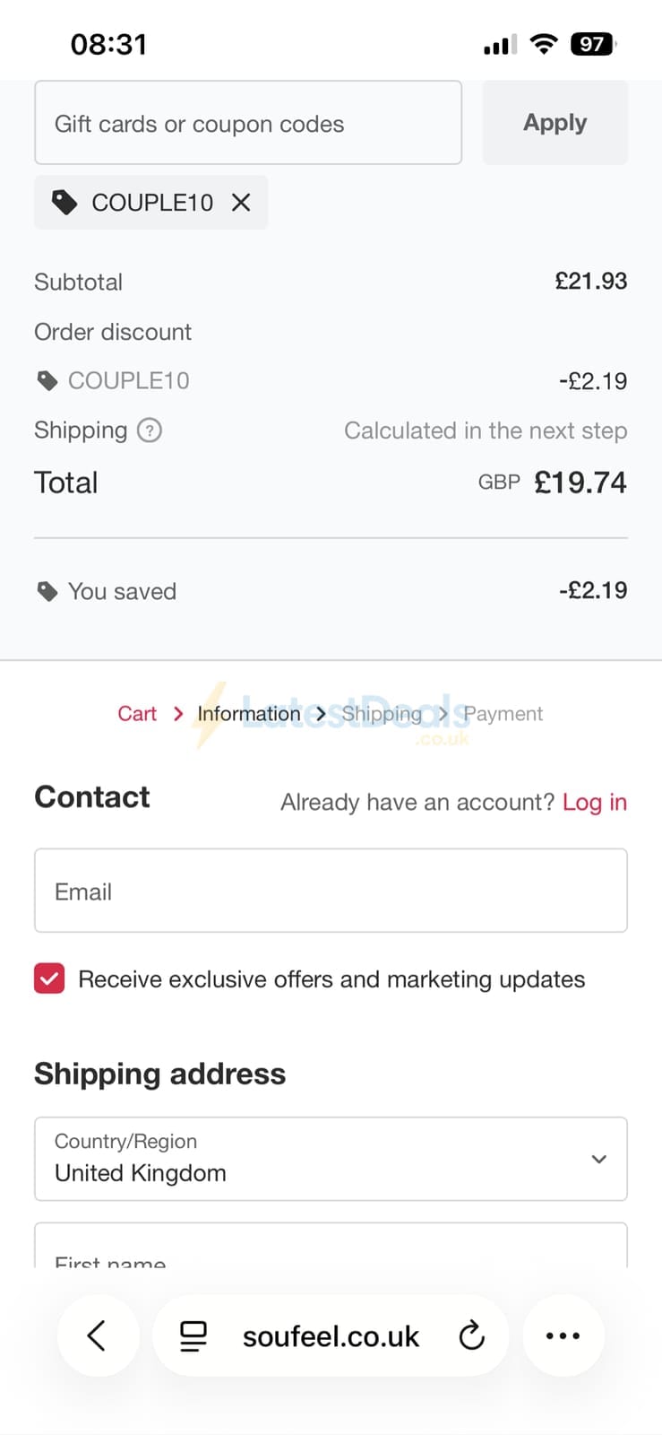 Screenshot of the Soufeel discount code working