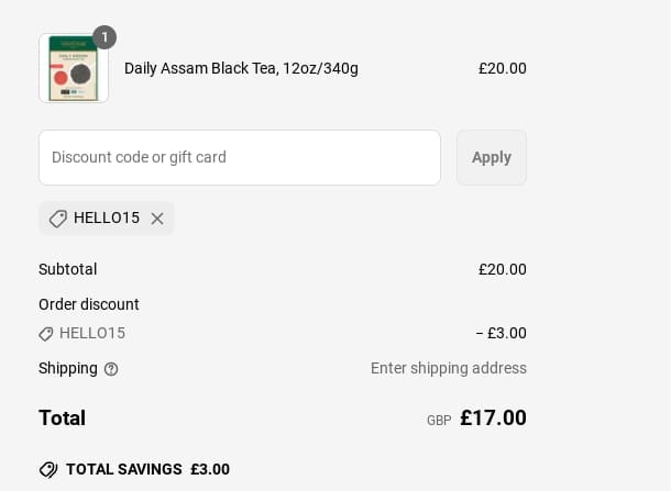 Screenshot of the Vahdam Teas discount code working