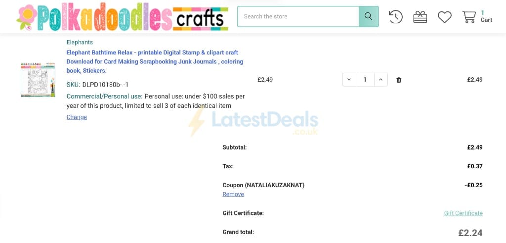 Screenshot of the Polkadoodles Crafts discount code working