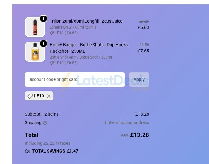 Screenshot of the Make My Vape discount code working