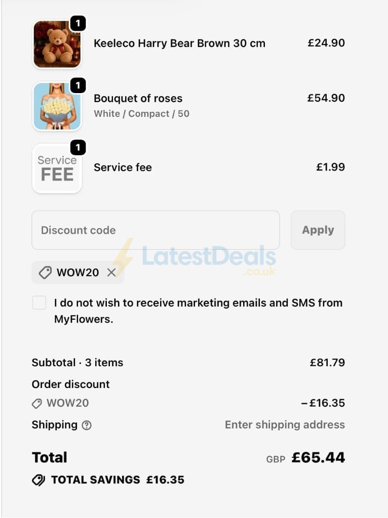 Screenshot of the MyFlowers discount code working