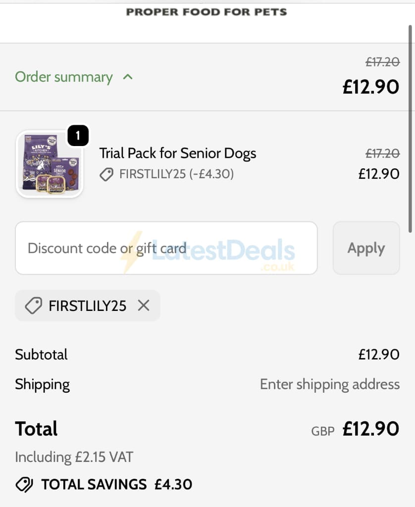 Screenshot of the Lily's Kitchen discount code working