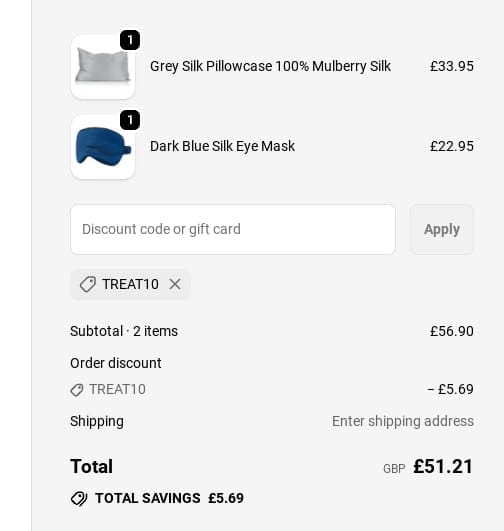 Screenshot of the Silk Pillowcase discount code working