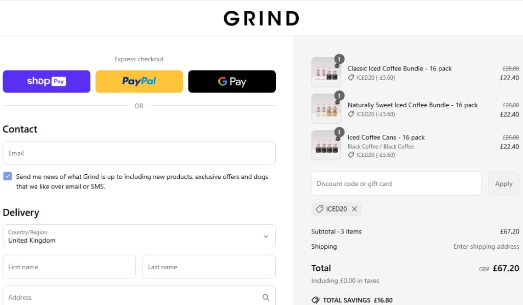 Screenshot of the Grind discount code working