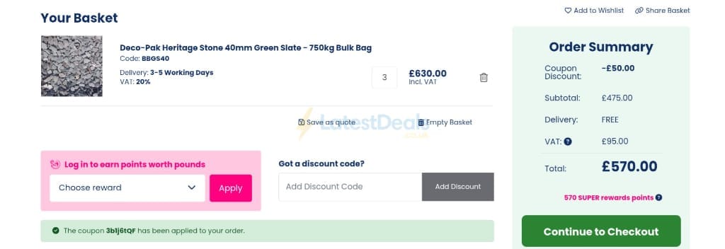 Screenshot of the Landscaping Superstore discount code working