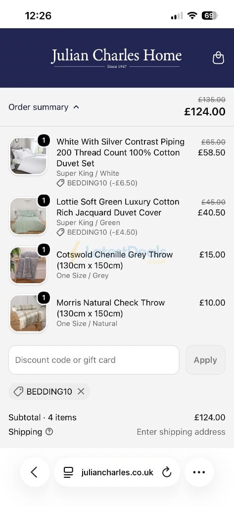 Screenshot of the Julian Charles discount code working