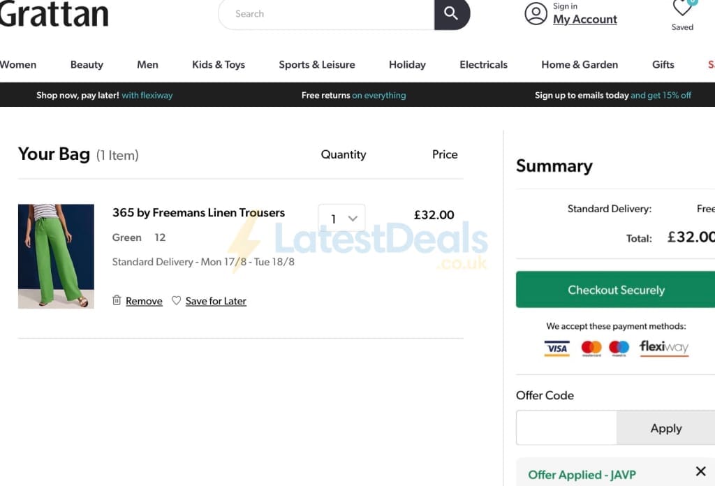 Screenshot of the Grattan discount code working
