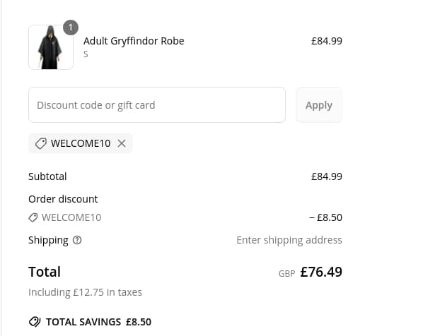 Screenshot of the House of Spells discount code working