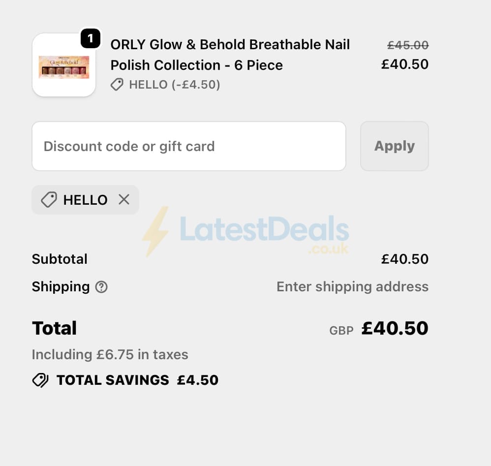 Screenshot of the ORLY discount code working