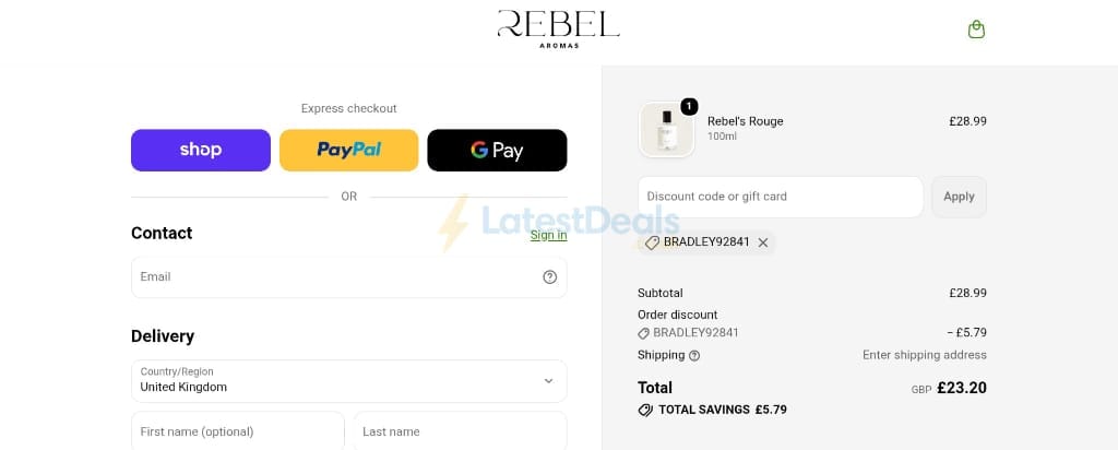 Screenshot of the Rebel Aromas discount code working