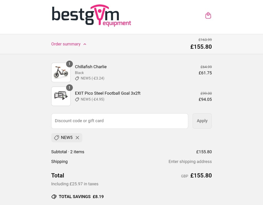 Screenshot of the Best Gym Equipment discount code working