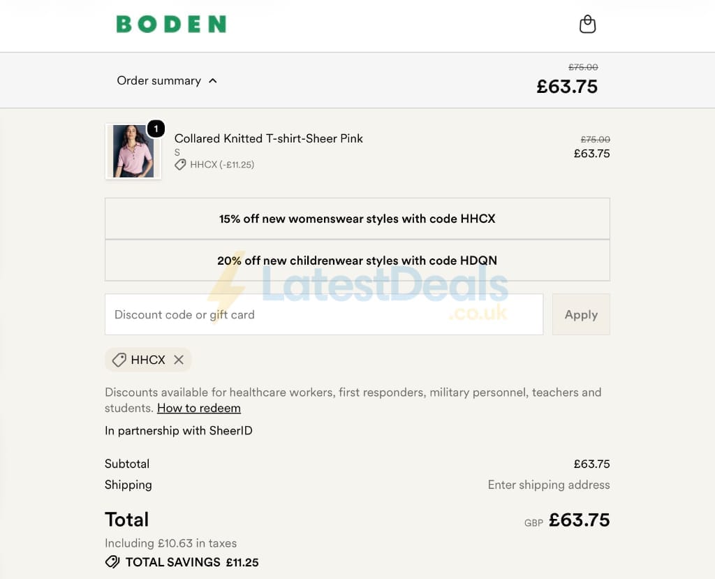 Screenshot of the BODEN discount code working