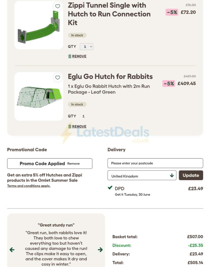 Screenshot of the Omlet discount code working
