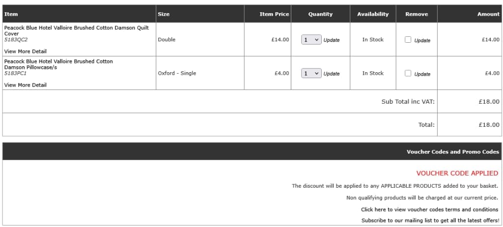 Screenshot of the Justlinen discount code working