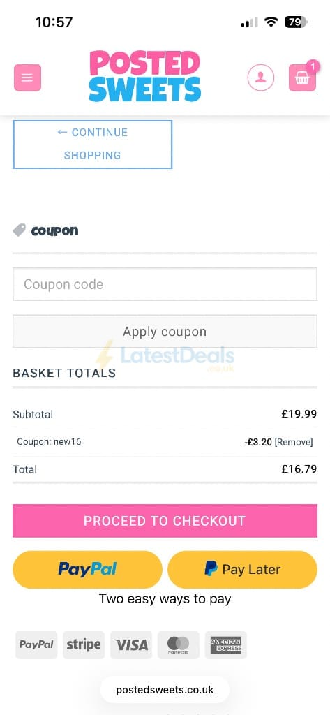 Screenshot of the Posted Sweets discount code working