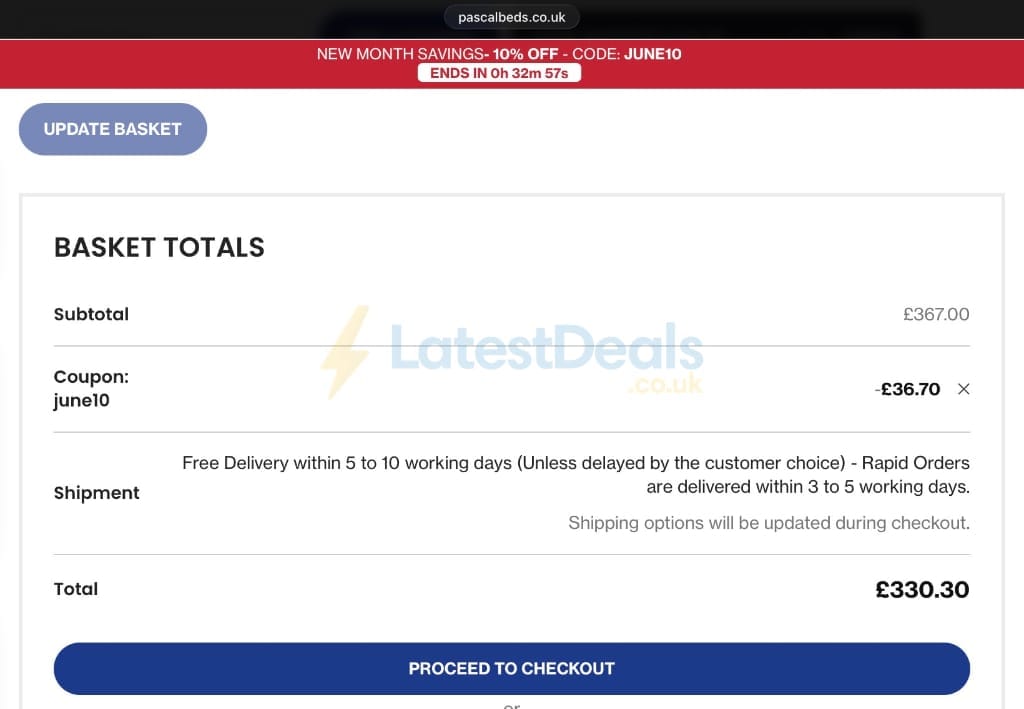 Screenshot of the PSCL Beds discount code working