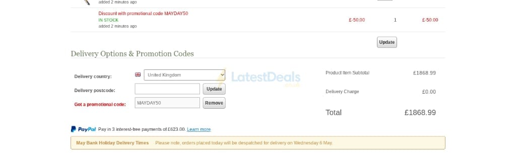 Screenshot of the Uttings discount code working