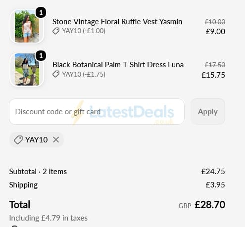 Screenshot of the Tilletts discount code working