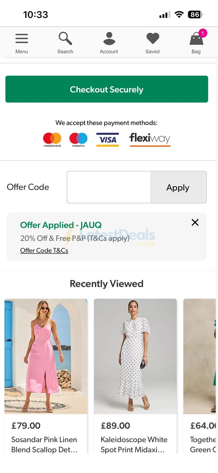 Screenshot of the Grattan discount code working