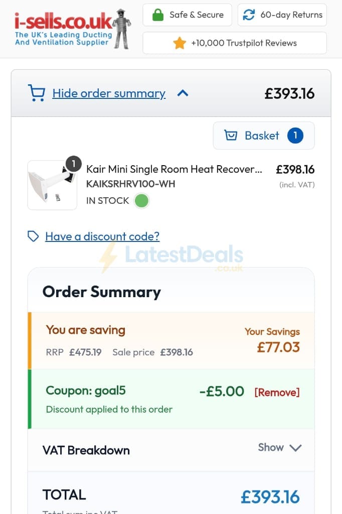 Screenshot of the I-sells discount code working