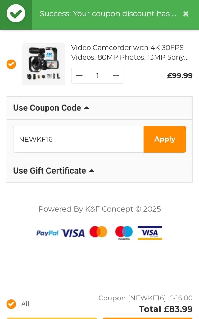 Screenshot of the K&F Concept discount code working