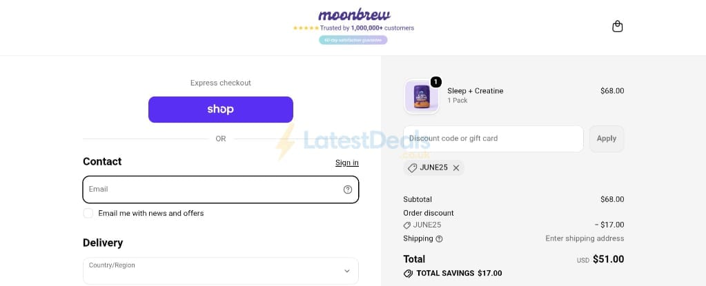Screenshot of the MoonBrew discount code working