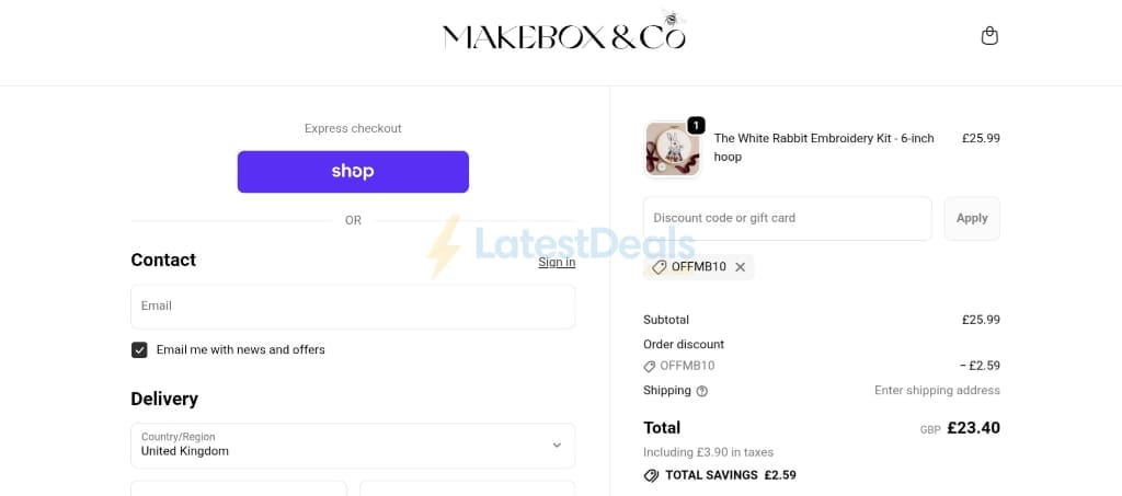 Screenshot of the Makebox discount code working