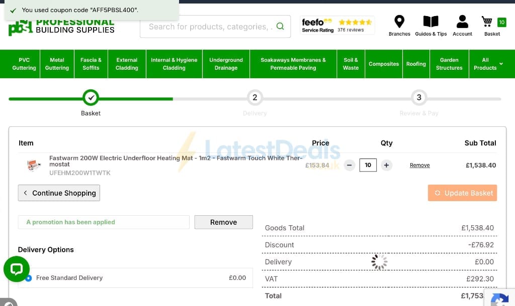 Screenshot of the Professional Building Supplies discount code working