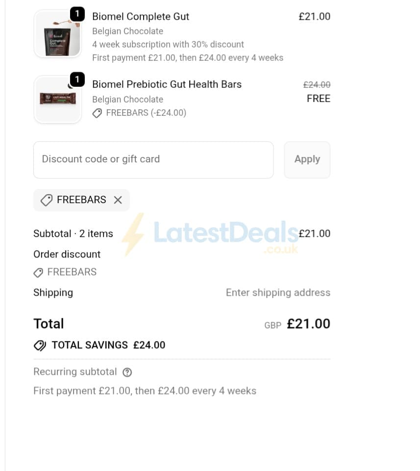 Screenshot of the Biomel discount code working