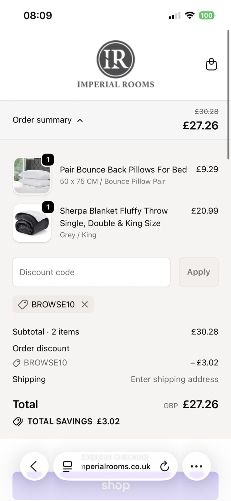 Screenshot of the Imperial Rooms discount code working