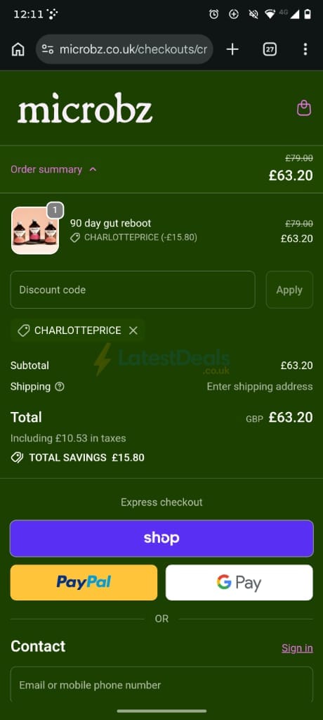 Screenshot of the Microbz discount code working