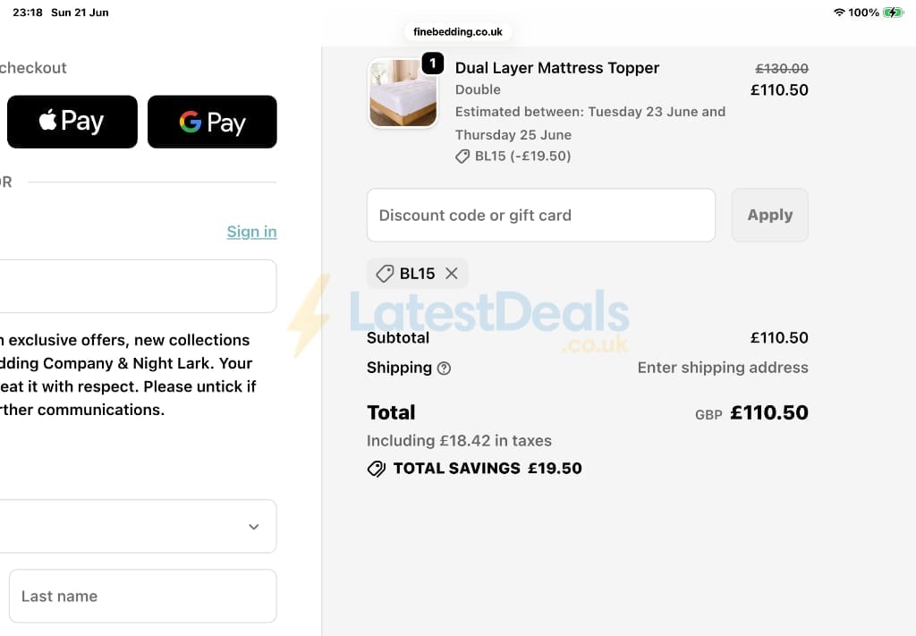 Screenshot of the The Fine Bedding Company discount code working