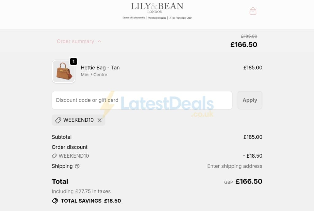 Screenshot of the Lily and Bean discount code working