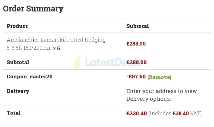 Screenshot of the Hopes Grove Nurseries discount code working