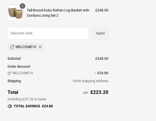 Screenshot of the Wovenhill discount code working